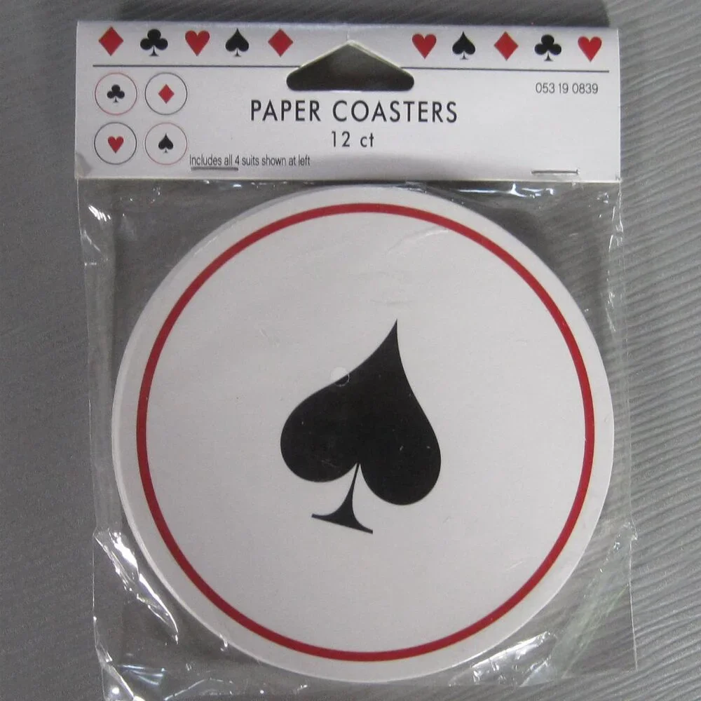 Vintage Set of 12 Paper Coasters Card Suits, Cardboard Disposable Heart, Club, D